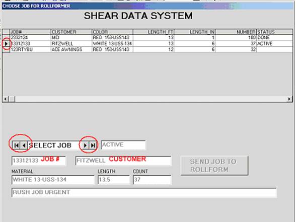 Operator screen showing job selection controls