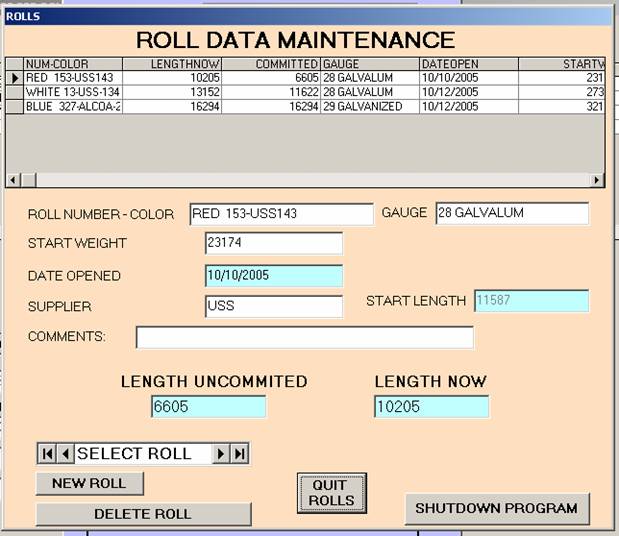 Roll Data screen