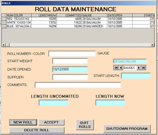 Roll Data screen ready to accept new roll data
