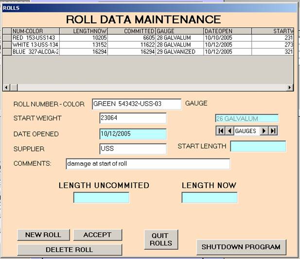 ROll Data screen ready to accept new roll