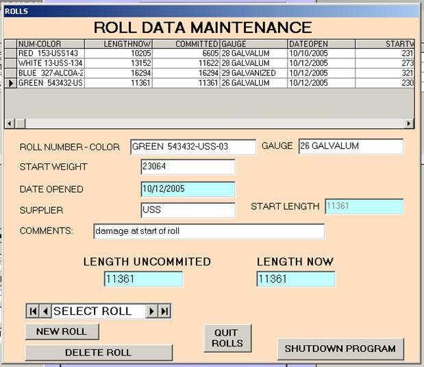 Roll Data screen with new roll 