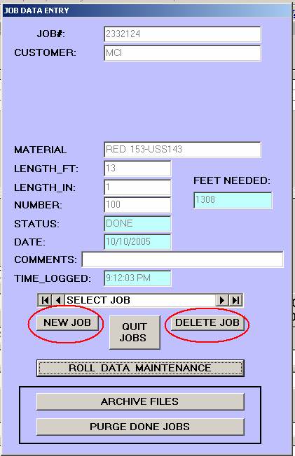 Job Data screen  - New Job and Delete Job buttons
