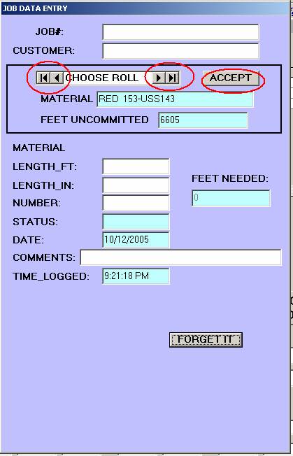 Job Data screen with Roll Selection window