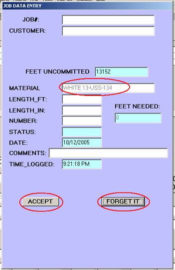 Job Data screen with 'Accept' and 'Forget It' buttons