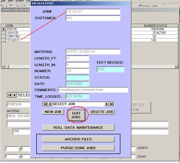 Job Data screen and corresponding entry on Operator screen